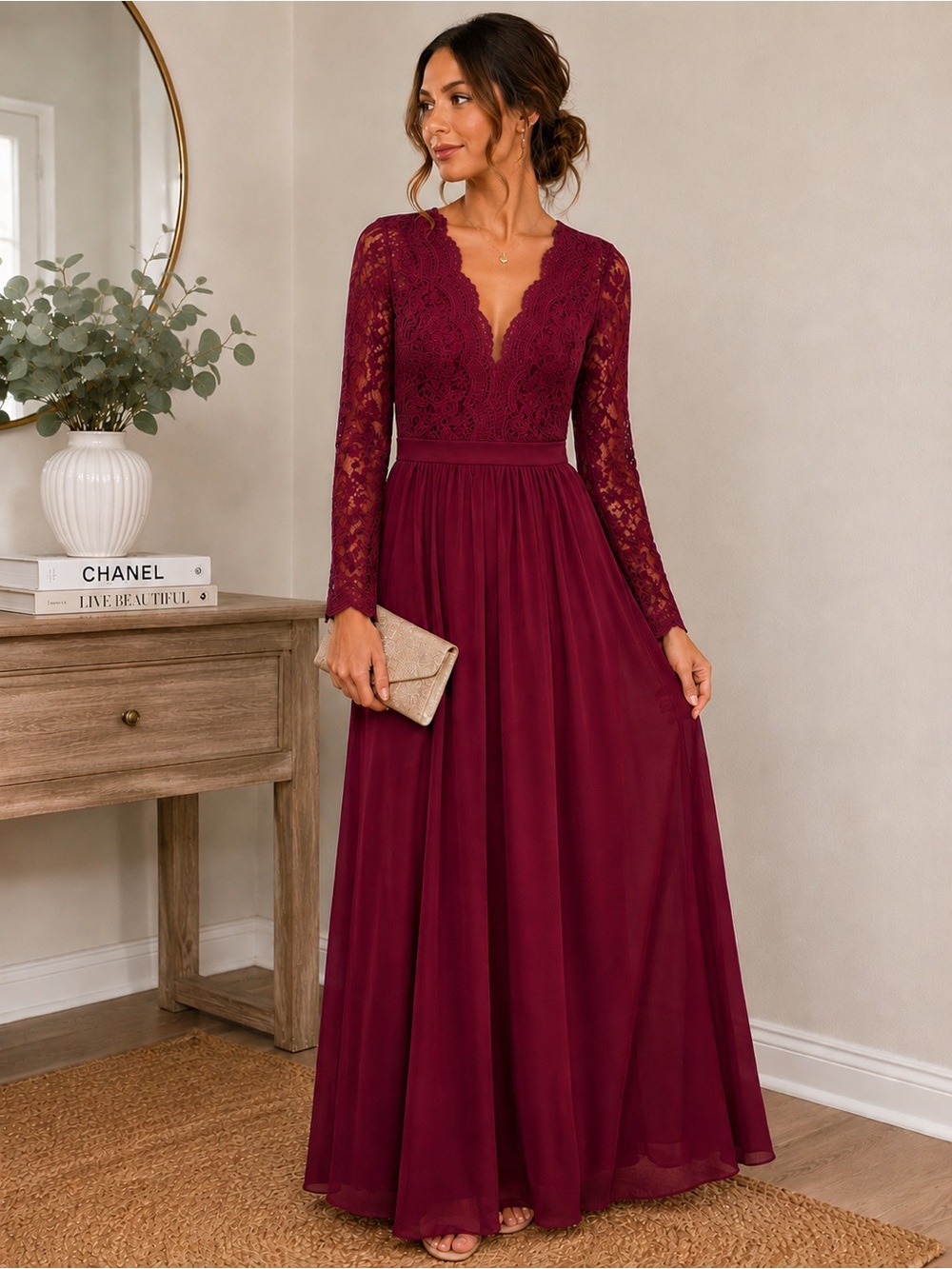 Lulu's Wine Red Lace Bodice Formal Dress